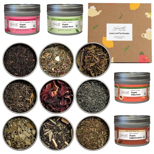 Heavenly Tea Leaves Organic 9 Flavor Variety Pack, Loose Leaf Tea Sampler Gift Set (Approx. 90 Cups) | Assorted Green Black White Herbal Teas, Premium Whole Leaf Collection, Gourmet Box for Tea Lovers