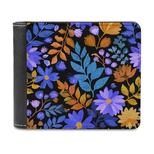Abstract Floral Motif Blue Leaves Soft PU Leather Bifold Wallet, Coin Purse Credit Pass Case, Durable Card-Holder Slim Billfold for Men Woman Money Storage