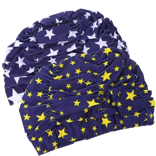 GARVALON 2 Piezas Gorros de Natación Impermeables Plisados Unisex con Protección para Orejas Diseño Elástico Estrellas Blancas y Amarillas