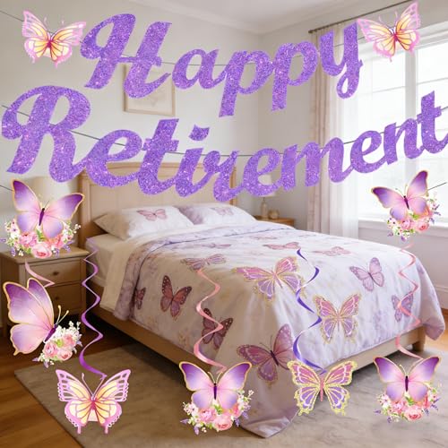 Image of Purple Butterfly Retirement Party Decorations for Women,Glitter Happy Retirement Banner with Butterfly Hanging Swirls,Retired Party Decor Supplies