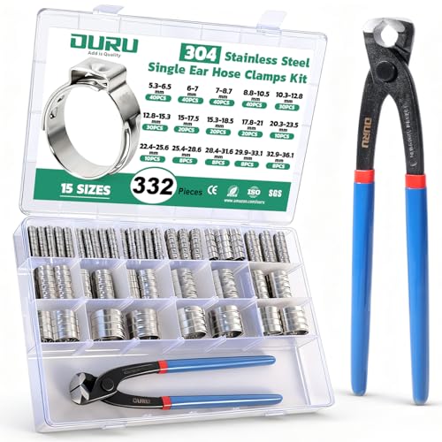 OURU 332 PCS Single Ear Hose Clamps 15 Sizes 5.3-36.1mm Crimp Hose Clamps with Ear Clamps Pincer 304 Stainless Steel Cinch Rings Assortment Kit for Automotive Pipe Plumbing