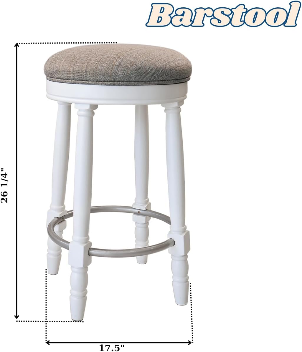 360°Swivel Bar Stools Set of 2, 26" Counter Height Upholstered Rubberwood Backless Bar Chairs with Footrest, Retro Kitchen Counter Stools for Kitchen Island Dining Room Home Bar (White+Fabric)
