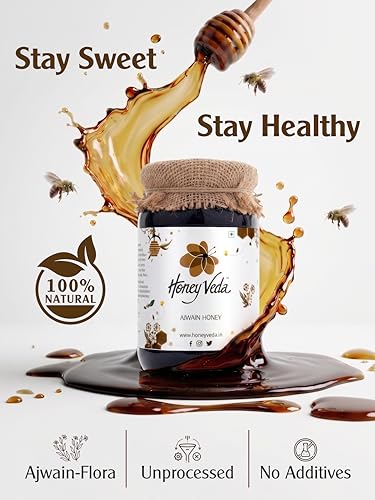 Image of HoneyVeda Ajwain Raw Honey (150g) | 100% Natural Honey | Raw Unprocessed & Unpasteurized Single Flora Indian Nectar for Immunity, Cold & Cough Relief, & Metabolism Support (Pack of 1)
