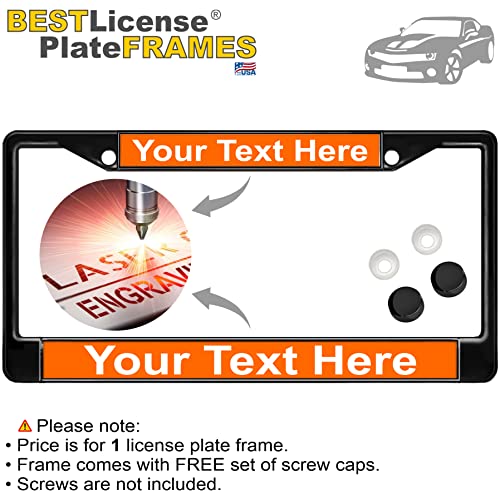 Image of Custom Personalized Black Powder-Coated Metal Laser Engraved Standard Size - Car /Automobile License Plate Frame with Free caps - Orange /White Text (Qty: 1 Frame)