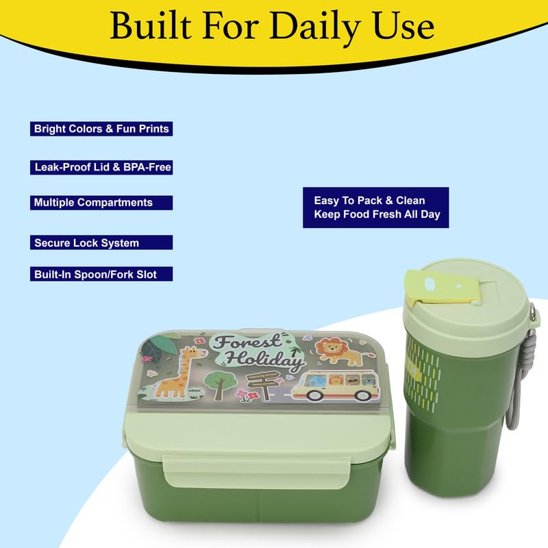 Image of Lunch Boxes 600 ml with 500ml Water Bottle Combo| Plastic 3 Compartment Leakproof Bento Box for School Picnic Office Boys and Girls - BPA Free - 4-Side Lock (Color - Green)