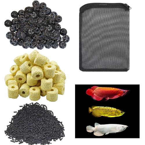 Image of COLOURFUL - Aquarium Filter Media | Improved Water Quality and Healthy Fish Tanks | 10 Piece Bio Ball + 150g Yellow Bacterial Ring + 150g Activated Carbon, (3 in 1 Filter Media with Net Bag, Combo-5)