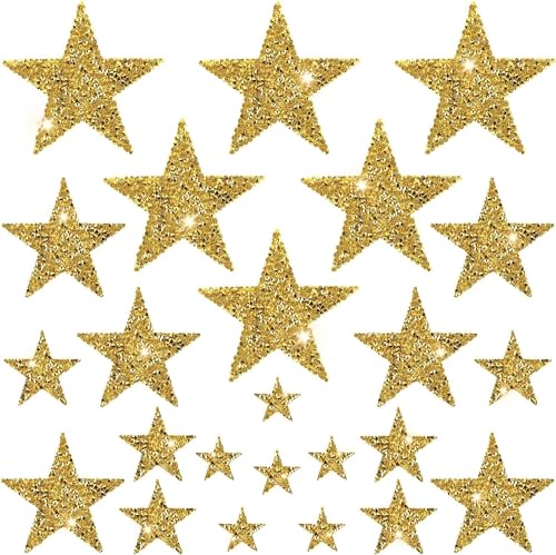 24 parches de estrella dorada, parches de estrella con purpurina para planchar, apliques adhesivos de diamantes de imitación para ropa, jeans, bolsos, sombreros, decoración de reparación (4 tamaños)