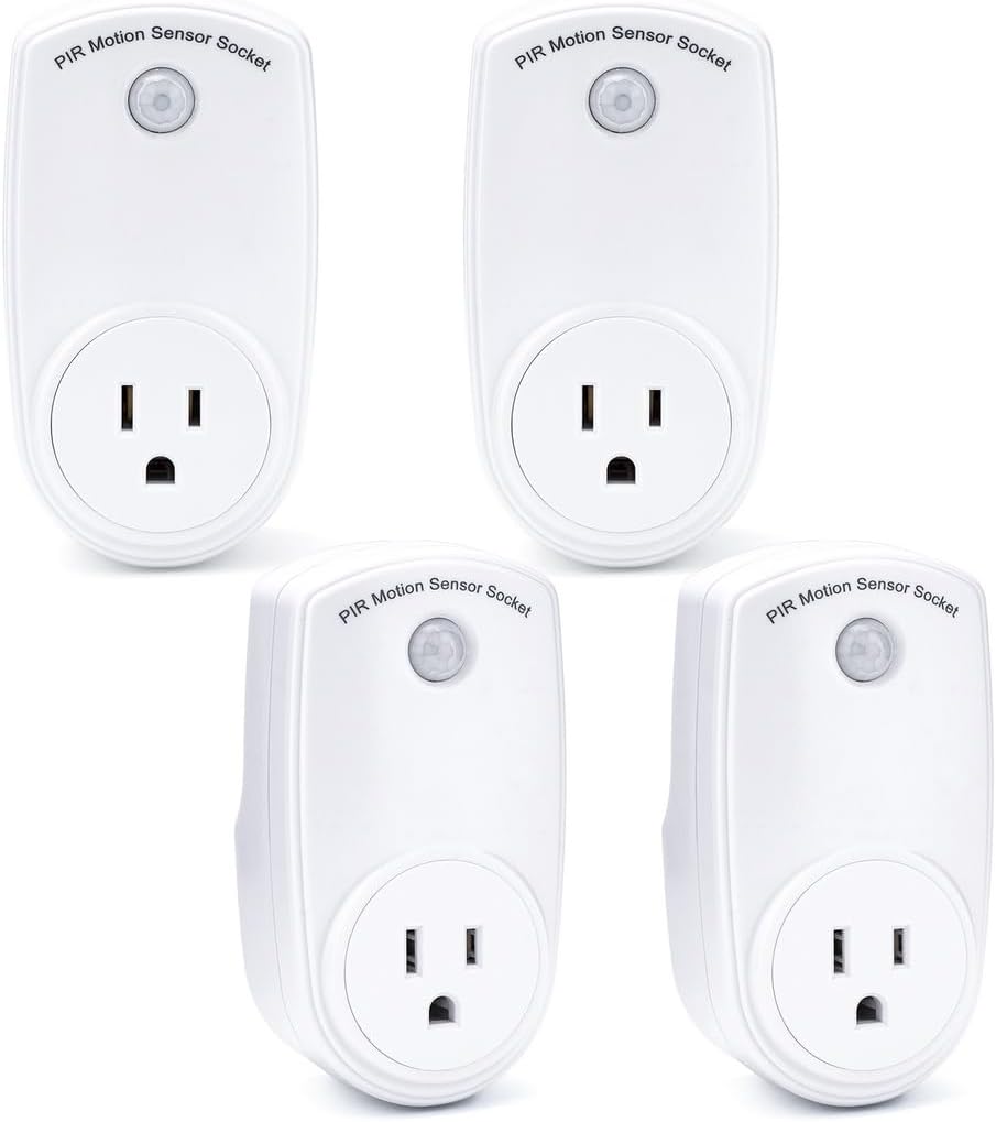 120° Wide Angle and 19.7Ft Range, 4 Pcs Motion Sensor Outlets, Pir Motion Sensor Light Plug in Outlet, Indoor Light Control Smart Socket, Electrical Outlet Plug Switch for Rooms, Corridors, Garages