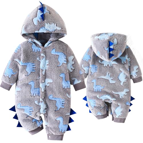 Image of Yaopelky Newborn Baby Dinosaur Snowsuit Infant One Piece Hooded Jumpsuit Toddler Cartoon Romper Winter Warm Fleece Outfit