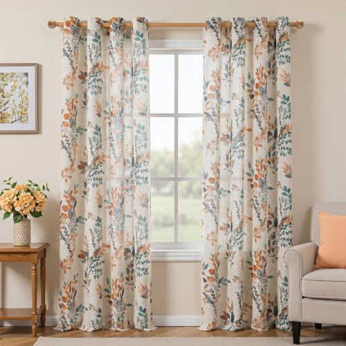 Image of MYSKY HOME Floor to Ceiling Linen Floral Curtains 95 Inch Length 2 Panels Semi Sheer Light Filtering Farmhouse Leaf Printed Window Grommet Drapes for Dining Room, 52 inch W Each Panel, Burnt Orange