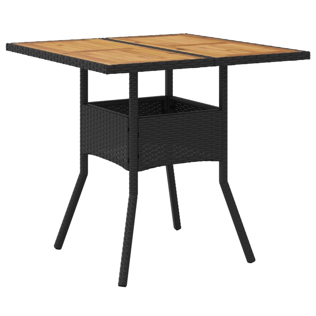 Poly Rattan stół ogrodowy, czarny, 80 x 80 x 75 cm | Blat stołu z drewna akacjowego, malowana proszkowo rama stalowa, odporna na warunki atmosferyczne, łatwa w pielęgnacji