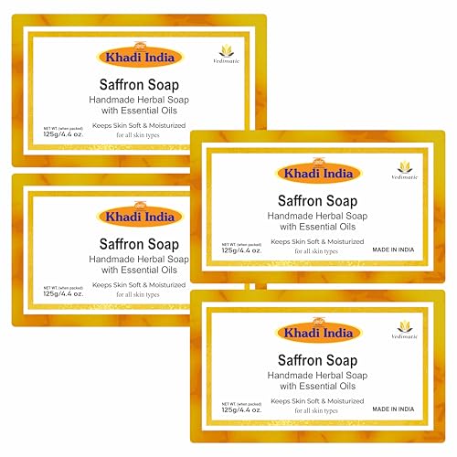 Image of Khadi 100% Pure & Natural Saffron Soap, 125g |Skin tighening properties| Deeply Moisturizing & Skin Brightening| Enhances natural glow|Suitable for All Skin Types|Pack of 4