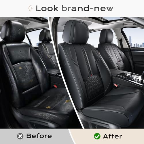 Image of Coverado Front Seat Covers, 2-Pack Luxury Leather Seat Cover with Lumbar Support, Black Seat Covers for Cars, Waterproof Car Seat Protectors, Driver Car Seat Cushions Universal Fit for Most Vehicles