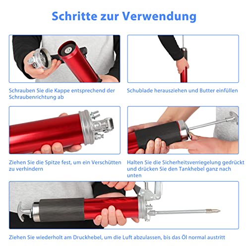 Foto von MorNon Fettpresse 6000PSI Einhand Fettpresse Ergonomischer Rutschfester Pistolengriff mit 12.8Zoll Flexiblem Schlauch Hochleistungs Fettpresse für 400ML Standard Fettkartusche und Schüttfett (Rot)
