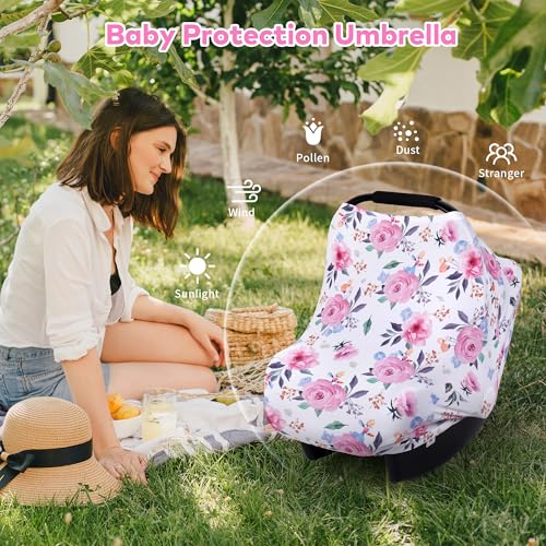 Image of Rquite All-in-1 Car Seat Cover Baby, Carseat Covers for Girl Boy, Stretchy Soft Infant Car Seat Cover, Multi-use Baby Carrier Cover, Car Seat Canopy, Stroller Sun Shade, Nursing Breastfeeding Cover