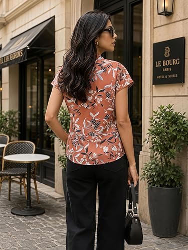 Image of NAINVISH Printed Top Short Sleeve Button Down V Neck Lightweight Soft Fabric Casual Office Summer Stylish Patterned Womens Comfort Fit Regular Top