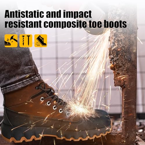 Image of Mens Work Boots Composite Toe Boots for Men Genuine Leather Rubber Sole No Slip Waterproof Shoes Industrial & Construction Safety Boots
