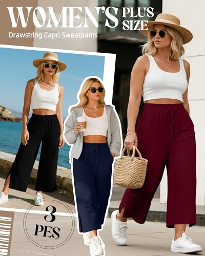 Neer 3 Pack Women's Plus Size Capris, Drawstring Cropped Wide Leg Pants Lounge Athletic Yoga Sweatpant with Pocket2