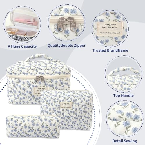 Medium Makeup Bag Quilted Cosmetic Bag, Big Floral Make Up Bag for Women Girls, Cute Cotton Makeup Bag, Flower Travel Toiletry Organizer Bag(Rhombus Pink Flower)3