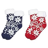 Wearever Women's Warm Fuzzy Non-Skid Faux Fur Sherpa Lined Winter Slipper Socks Navy & Red Snowflake