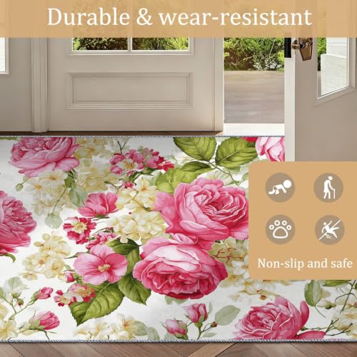 Alfombra para dormitorio suave y resistente estilo vintage con rosas blancas 5