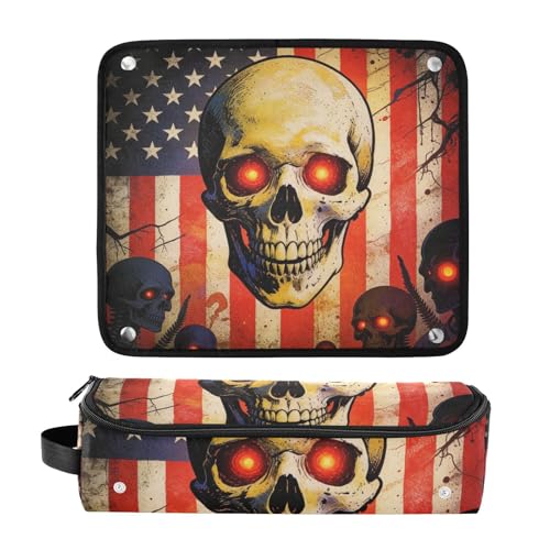 Bolsa de viaje para herramientas de cabello con tapete resistente al calor removible, estuche de transporte de doble capa para planchas, rizadores y secadores de pelo, con diseño de bandera USA y calavera patriótica miniatura 3