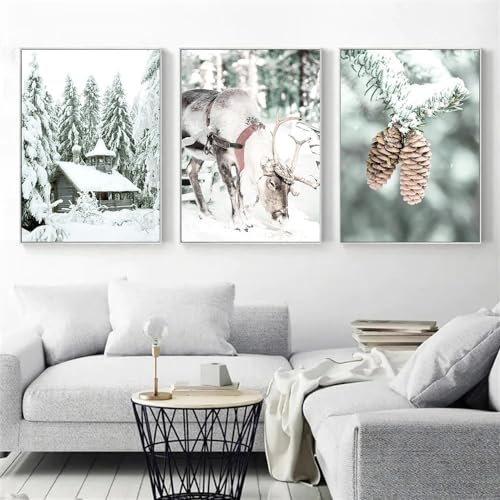 Affiche Murale sur Toile Forêt d'Hiver cocooning pour salon moderne 3PCS