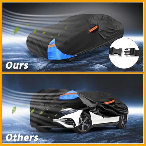 Image of Waterproof All-Weather Universal Car Cover with Right Side Zipper, 210D-PU Black Blue Fits for Sedan Up to 165 inch Length