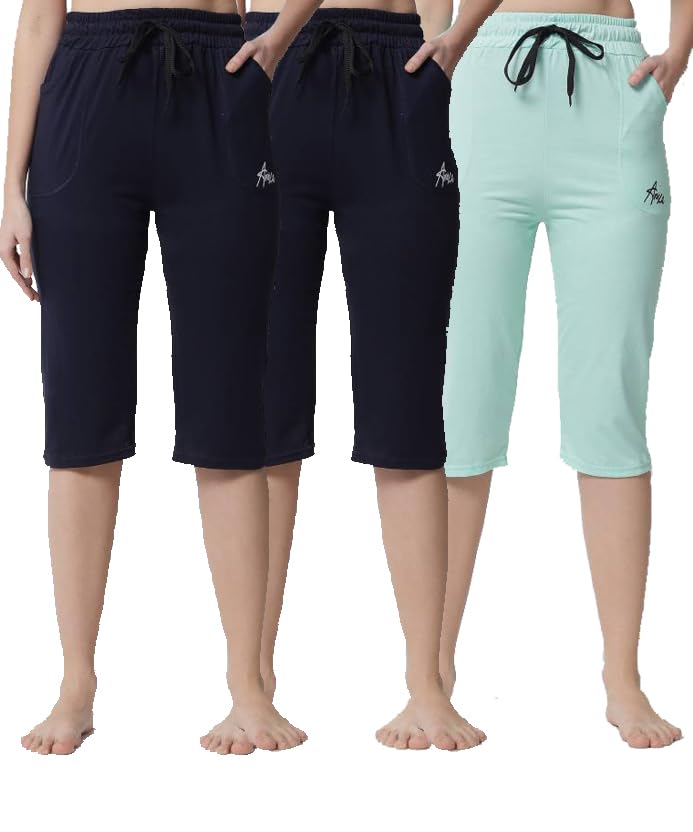 Image of Women's Cotton Capri Pants, Drawstring Waist, Knee Length, Pack of 3