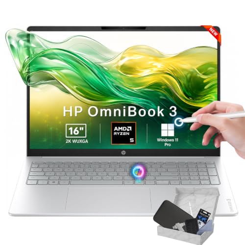 Image of HP OmniBook 3 16 inch Laptop PC, 2K IPS Touchscreen, AMD Ryzen 5 40, 8 GB LPDDR5 RAM, 512 GB SSD, AMD Radeon 610M GPU, Windows 11 Pro, Wi-Fi 6, Glacier Silver