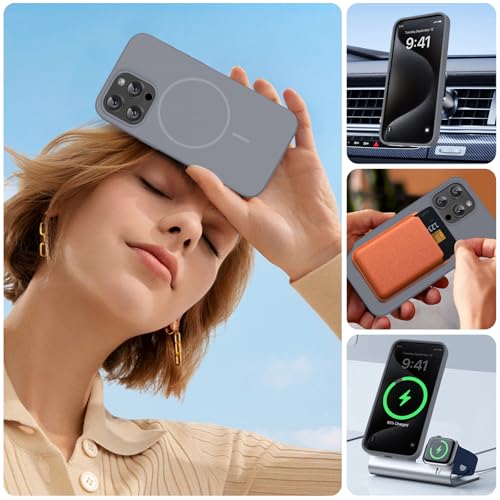 Image of Miracase Magnetic for iPhone 15 Pro Max Case, [Soft Anti-Scratch Microfiber Lining], Compatible with MagSafe, Liquid Silicone Case Shockproof Drop Protection Phone Case for 15 ProMax, Lavender Gray