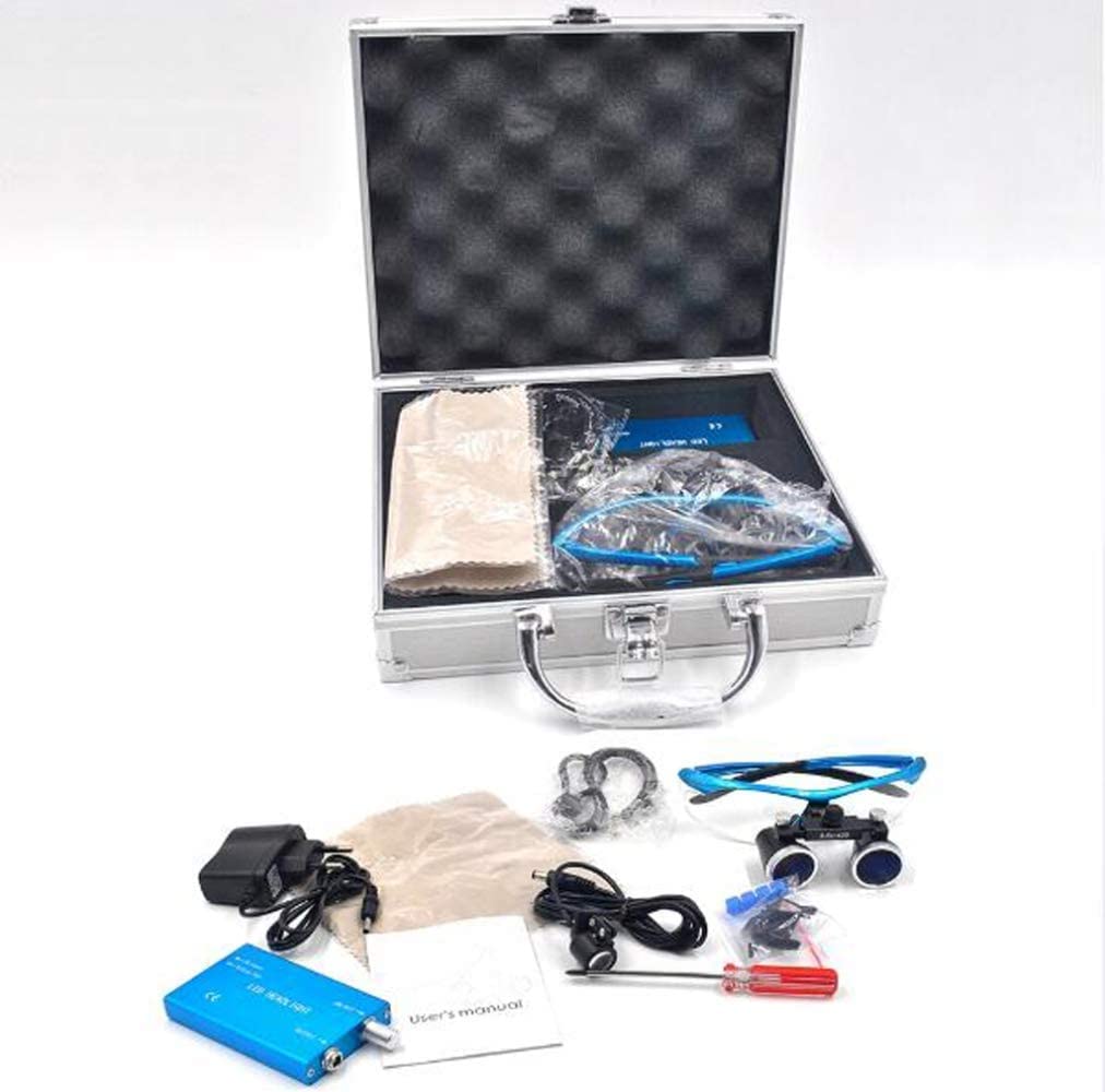Lupa, lupas dentales 3.5X, Gafas quirúrgicas para médico con luz LED, Gafas binoculares con Lupa para Dentista con práctico Estuche de Transporte, Color Azul.