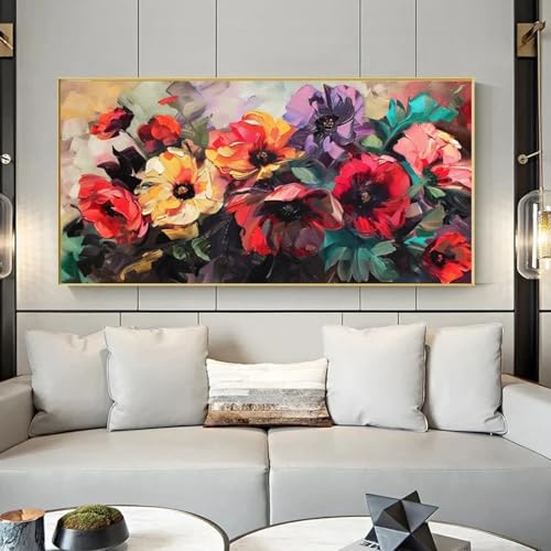 Peinture sur toile abstraite feuilles et fleurs colorées grand format 70x140cm