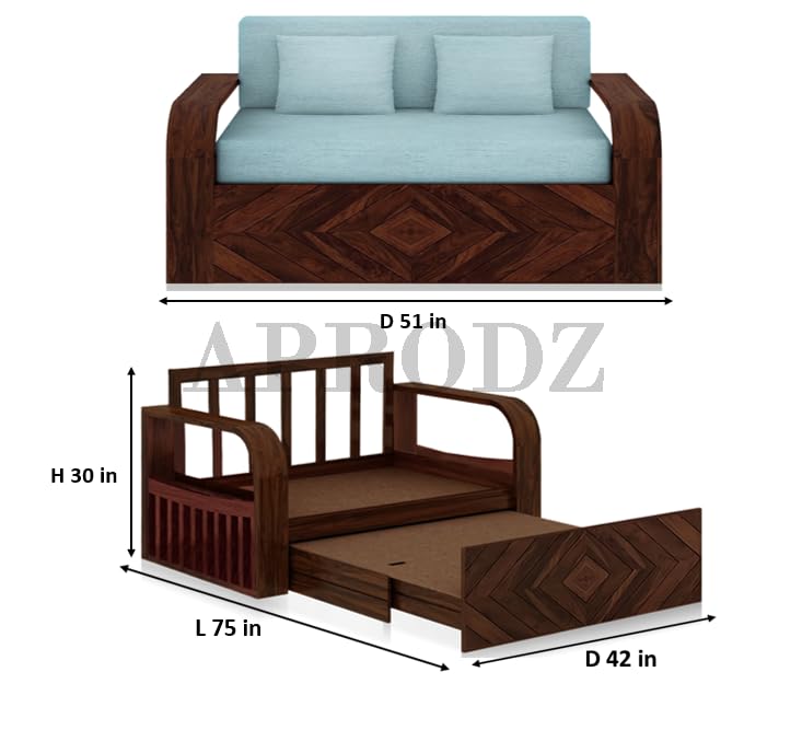 Image of APRODZ Solid Wood Sofa Cum Bed 2 Seater with Side Storage Velevt Fabric with Two Cushions Perfect Sofa Furniture for Home Living Office Room and Guests (Walnut Finish 75x51x30-Inch)