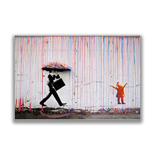 Póster de Banksy Child in the Rain - Kids Playing in Colorful Rain Banksy Graffiti arte de pared divertido arte callejero para sala de estar, dormitorio, oficina, sin marco, 40 x 30 cm Cover