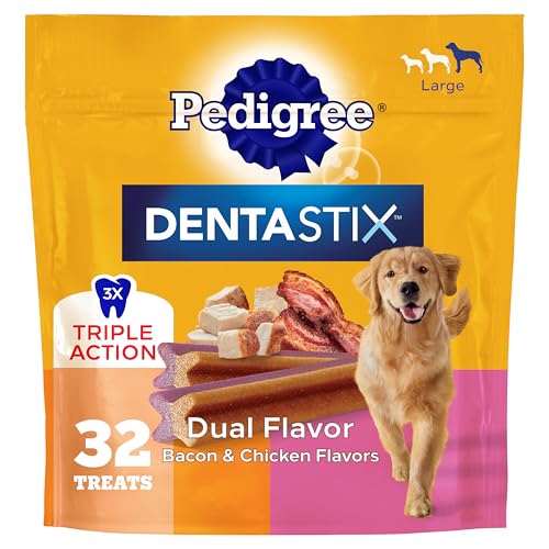 Image of Pedigree Dentastix Dog Dental Treats, Dual Flavor Large Breed Dog Treats, Bacon & Chicken Flavor, 1.47 lb. Bag (32 Treats Total)