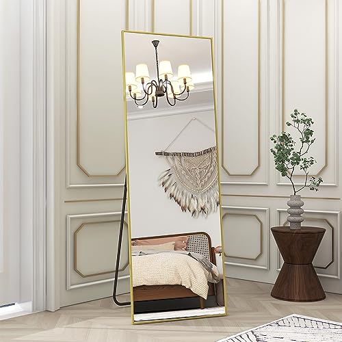 Image of BEAUTYPEAK Gold Full Length Mirror, 58 inchx18 inch Standing Hanging or Leaning Against Wall Floor Mirrors Body Dressing Wall-Mounted for Living Room, Bedroom with Aluminum Alloy Thin Frame