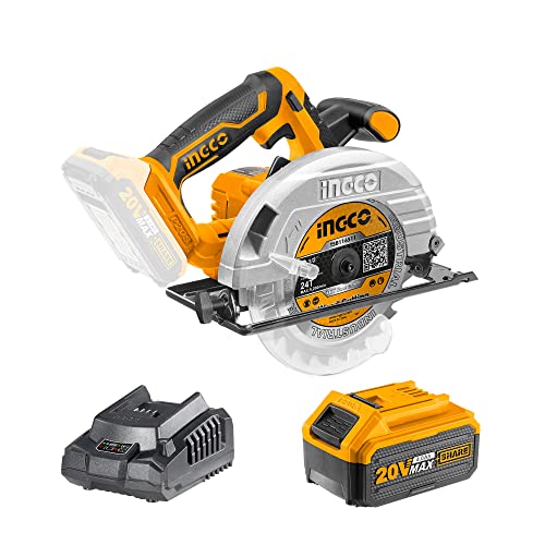 Sierra Circular Inalámbrica INGCO 20V con 4.0 Ah Batería Set, HSS Hoja de 165mm 24 Dientes, Profundidad de Corte 38mm (45°), 55 mm (90°), Guía de Metal (4.0 Ah)