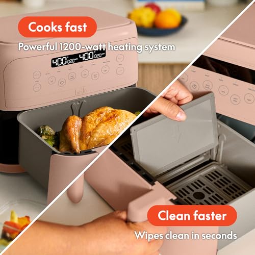 Image of bella 4 Qt TriZone Air Fryer, EverGood Ceramic Nonstick Coating, Dual Basket Design w Removable Divider, Digital Touchscreen Control w 6 Preset Cooking Options, 1200 Watt, 3lb Capacity, Blossom
