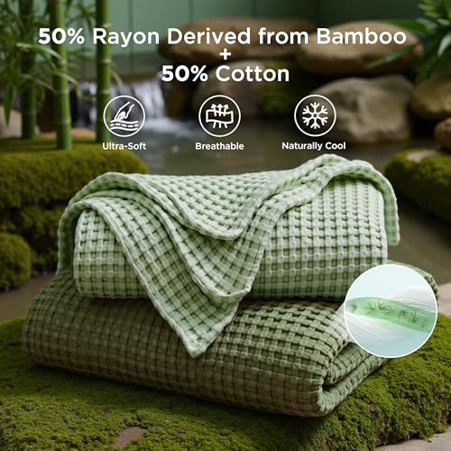 Image of Bedsure Cooling Cotton Waffle King Size Blanket - Lightweight Summer Blanket of Rayon Derived from Bamboo for Hot Sleepers, Luxury Throws for Bed, Couch and Sofa, Sage Green, 104x90 Inches