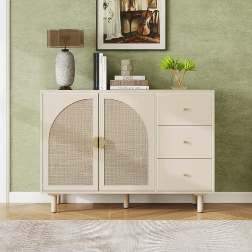 YHFEXYT 44.5" Sideboard Buffet Cabinet with 3 Drawers, Rattan Storage Cabinet with Arched Cane Doors, Accent Coffee Bar Station for Dining Room, Living Room, Beige