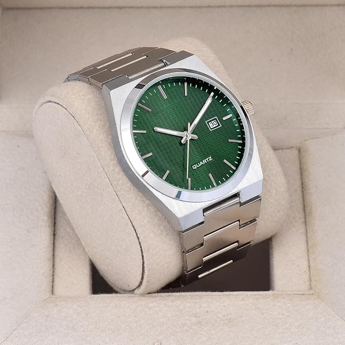 Image of Men's Stainless Steel Analog Watch with Textured Dial | Premium Quartz Movement | Date Display Wristwatch for Casual, Office & Formal Wear | Stylish Silver Bracelet Watch for Men