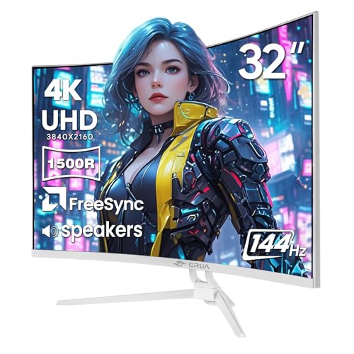 CRUA 32'' Curved Gaming Monitor, 144Hz 4K UHD(3840 * 2160P) White Computer Monitor, 1500R VA Screen, Supports Freesync, 120% sRGB, Built-in Speakers, RGB Lighting, Wall Mountable,HDMI 2.1&DP 1.4