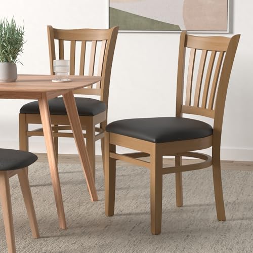 Image of Flash Furniture 4 Pk. HERCULES Series Vertical Slat Back Natural Wood Restaurant Chair - Black Vinyl Seat