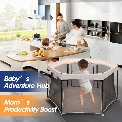 Image of Baby Playpen 53x53 Inch, Indoor /Outdoor Portable Play Yard No Extra pad Required with Breathable Mesh Walls, Enclosed Safe Space for Babies, Quick Foldable Playpen for Home Travel Park (Khaki)