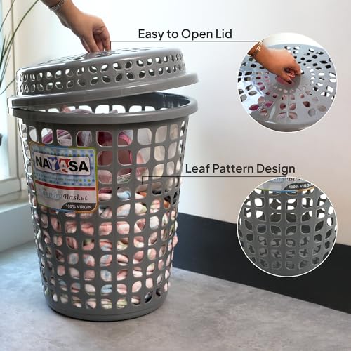 Image of Nayasa Plastic Laundry Basket with Lid - 44 Ltrs | Ventilated Clothes Hamper with Easy-Grip Handles | Clothes & Toy Storage Organizer |(Round Petal) Grey