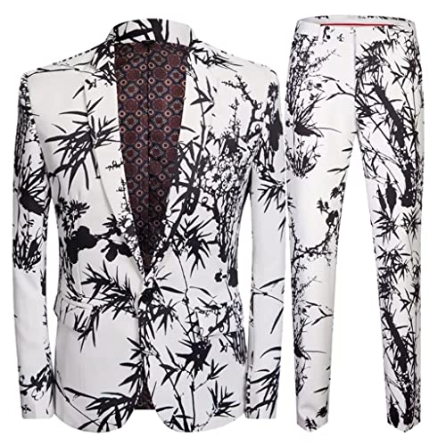 Two Piece Men's Wedding Suit Two Piece Black Print Slim Fit Stand Up Tuxedo Best Men