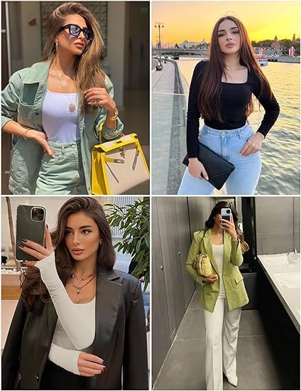 Image of Ekouaer Womens Long Sleeve Shirts Square Neck Slim Fit Basic Tops Ribbed Thermal Undershirts Layering Tee
