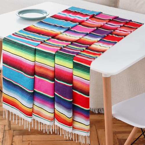 Fowecelt 4Pcs Mexican Serape Table Runner 14 x 84 Inch Hand Blanket Colorful Striped Fringe Cotton Mexican Table Runner for Fiesta Themed Cinco de Mayo Wedding Party Decorations