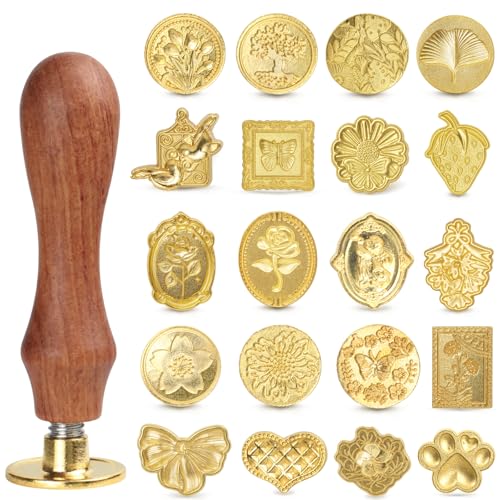 Vintage Wax Seal Stamp Set 20-Piece Classic Seal Heads with Wooden Handle for Invitations Letters Gift Wrapping & More (Assorted Designs)
